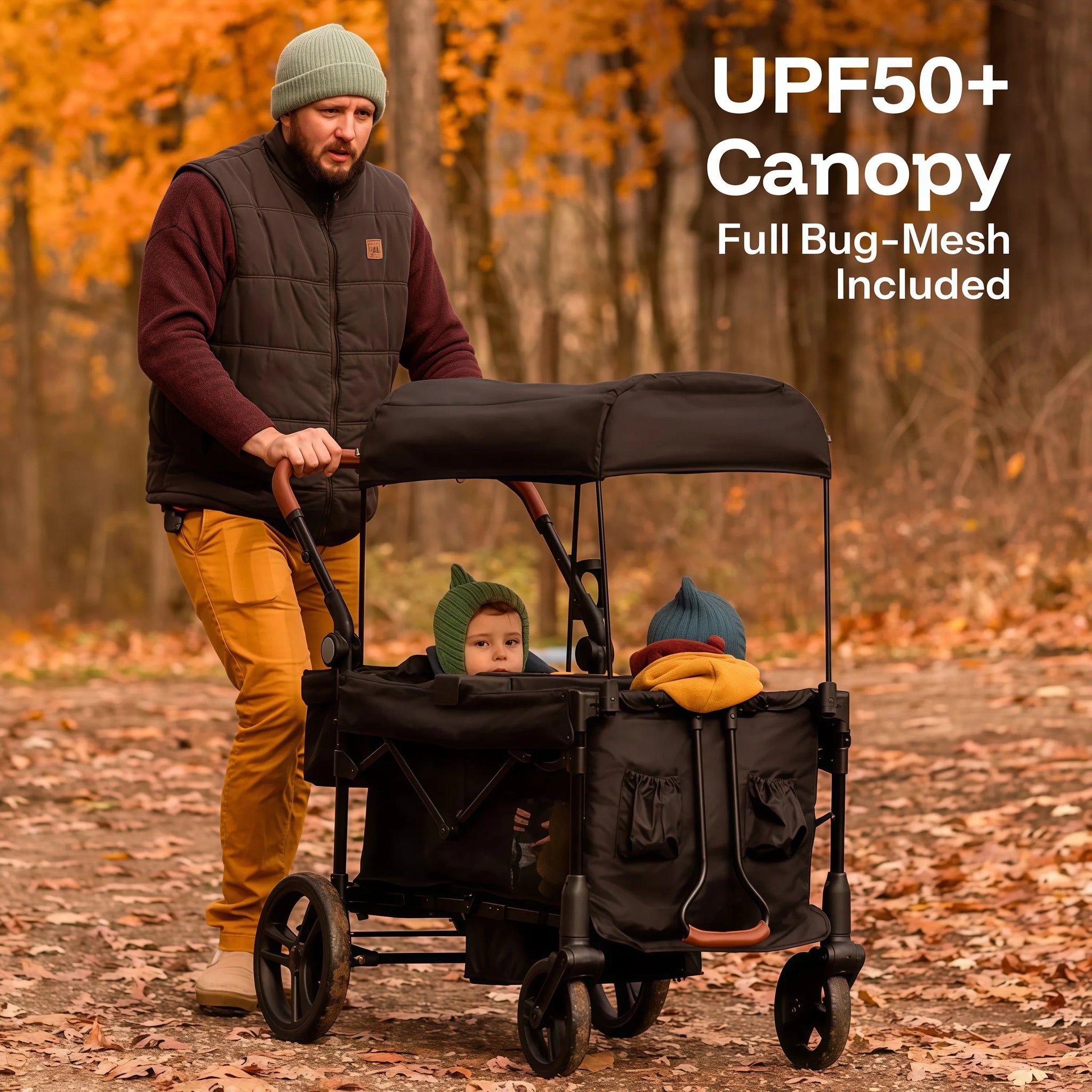2-Seat Foldable Wagon Stroller for Kids with UPF 50+ Canopy, Mosquito Net & All-Terrain Wheels